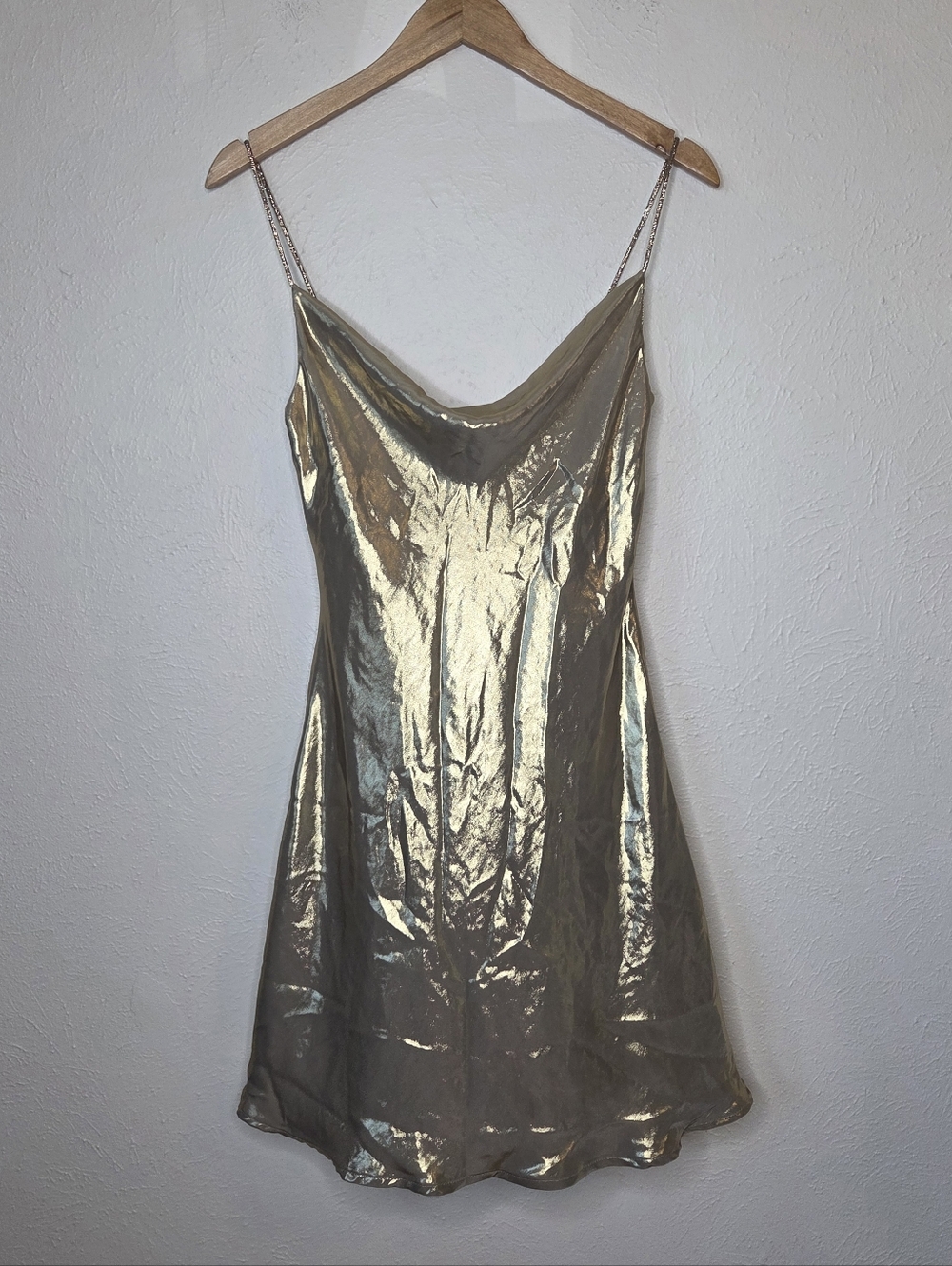 ZARA Gold Metallic Slip Dress Chain Strap Cowl Neck Y2K Style Party Mini